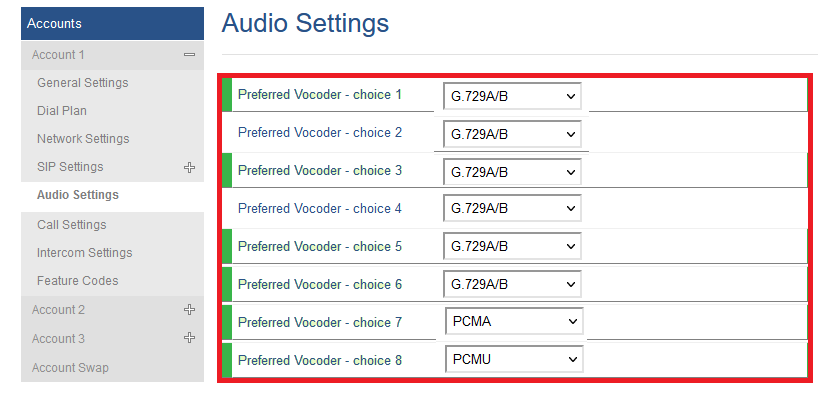 GXP Codec Settings